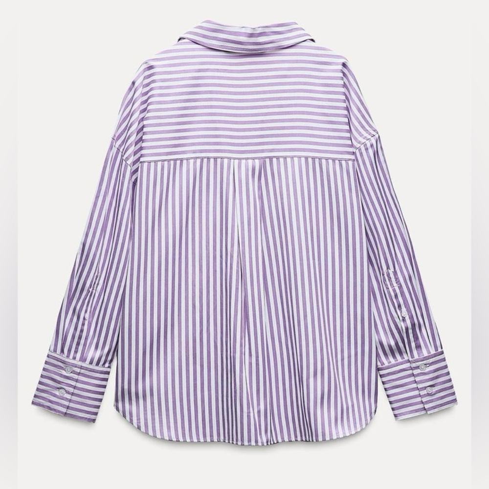 Zara Lilac & White Striped Poplin Button Front Shirt | Long  Sleeves | S | NWT - Picture 4 of 10